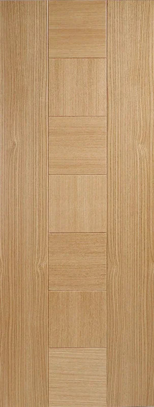 Oak interior door with vertical side panels and horizontal central panels