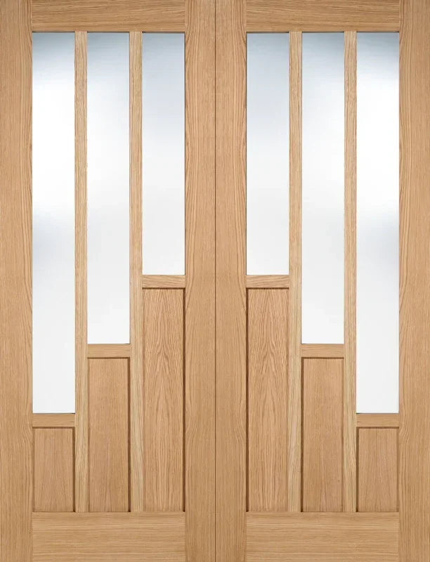 Oak Coventry prefinished glazed door pair with three vertical glass panels each