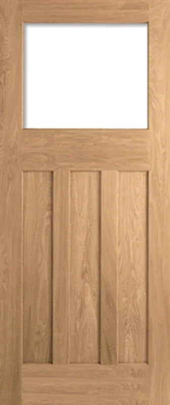 Oak DX 30s style unglazed internal door with three vertical panels and top glass opening