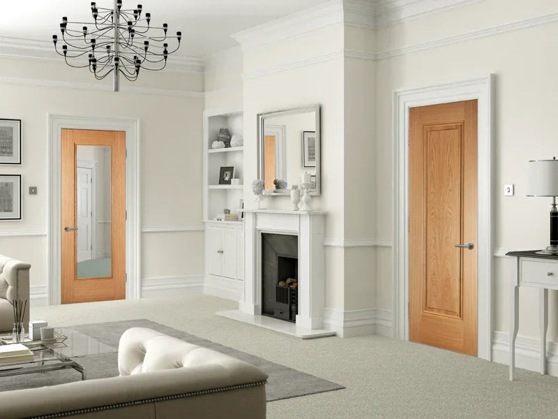 Oak Eindhoven glazed internal door with glass panel in modern living room setting
