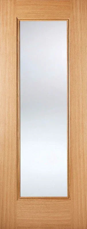 Oak glazed internal door with large central glass panel, vertical view