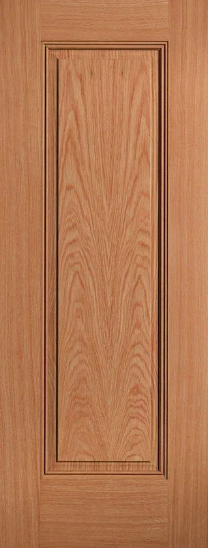 Oak interior door with central raised panel and natural wood grain pattern