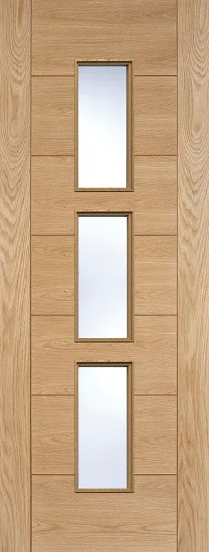 Oak Hampshire glazed interior door with three vertical glass panels and natural wood finish