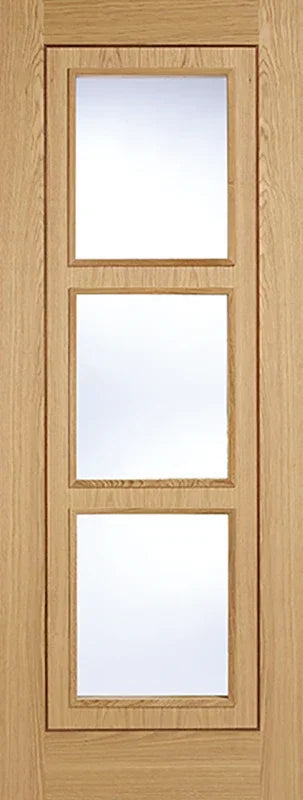 Oak inlay interior door with three clear glass panels in vertical alignment
