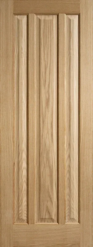 Oak interior door with three vertical panels and natural wood grain finish