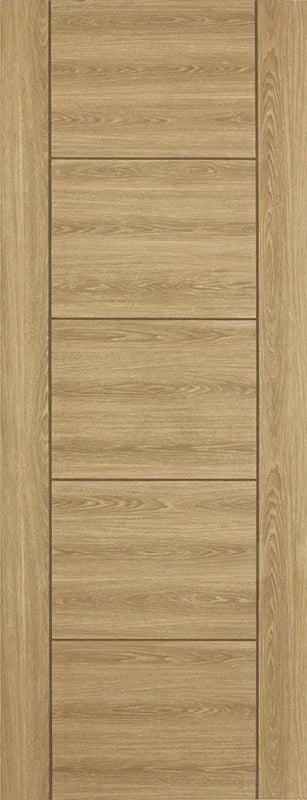 Oak laminated 5 panel interior door with horizontal grain and natural wood finish