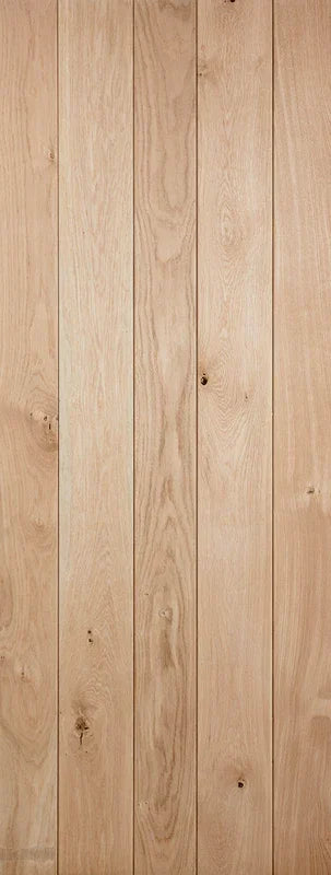 Oak ledged door panel with vertical wood grain and natural knots