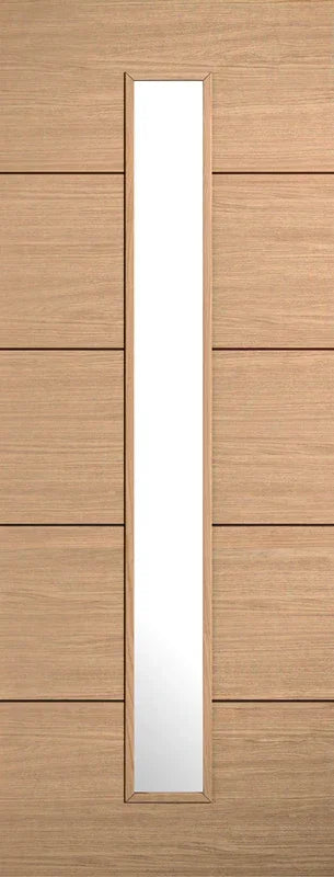 Oak glazed internal door with vertical glass panel and horizontal wood grain detail