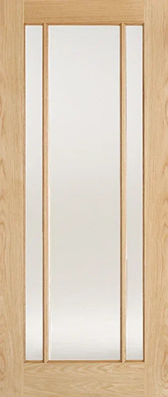 Oak Lincoln glazed door with three clear glass panels, natural wood grain visible