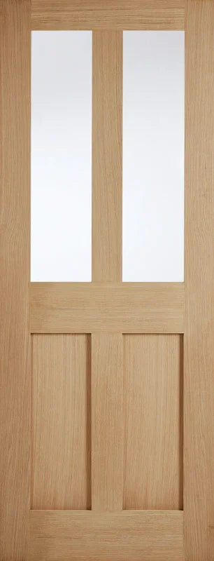 Oak internal glazed door with two vertical glass panels and natural wood grain finish