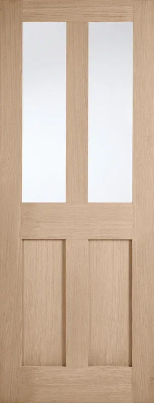 Oak pre-finished glazed door with two vertical glass panels and wood grain texture