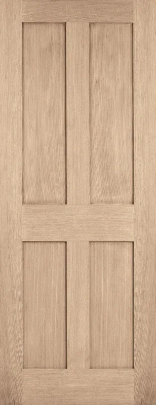 Oak internal door with four panels and pre-finished light wood grain texture