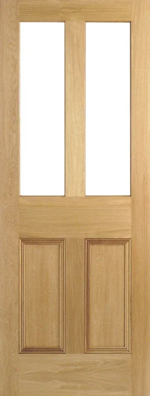 Oak internal door with two glazed panels and two raised lower panels, unglazed finish