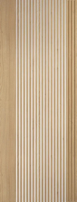 Oak glazed interior door with vertical frosted glass panels and light wood grain finish
