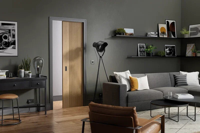 Oak Melbourne pre-finished sliding door with vertical grooves in modern living room