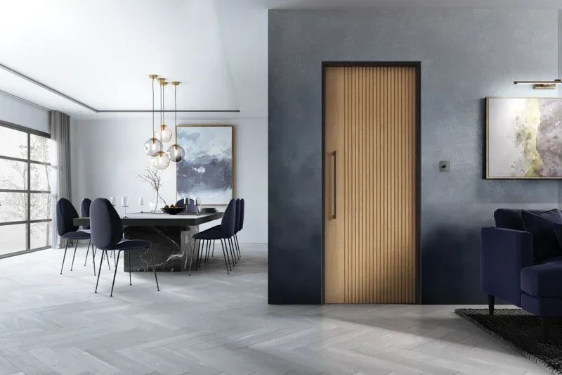 Oak Melbourne pre-finished door with vertical grooves in modern dining and living room