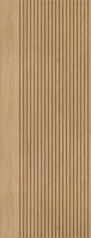 Oak pre-finished wood door panel with vertical slatted design and natural grain texture