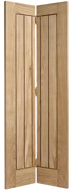 Oak Mexicano bi-fold pre-finished door with vertical panels, partially folded