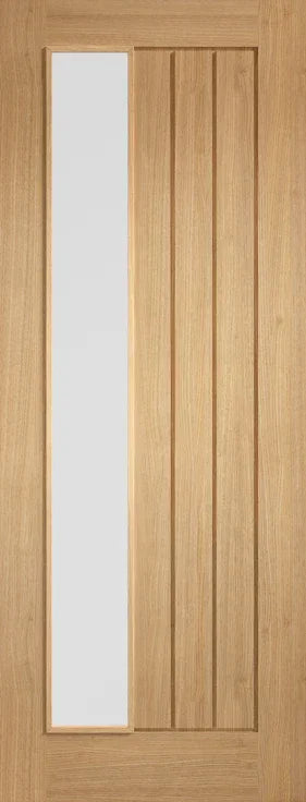 Oak Mexicano internal door with frosted glazed panel and vertical offset grooves
