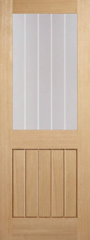Oak Mexicano glazed half light door with vertical frosted glass panel and wood detailing
