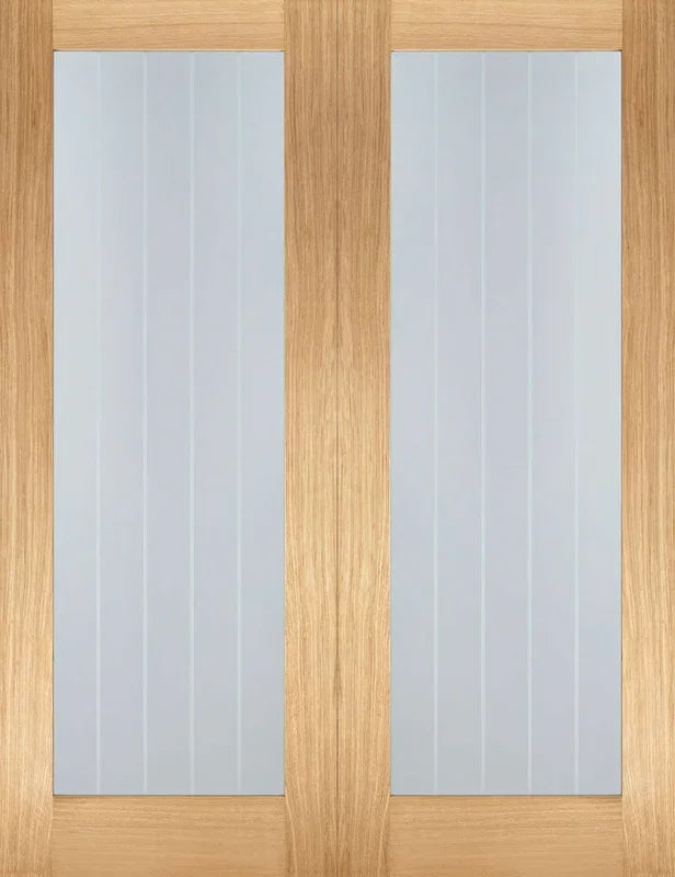 Oak Mexicano glazed door pair with clear vertical glass panels, close front view