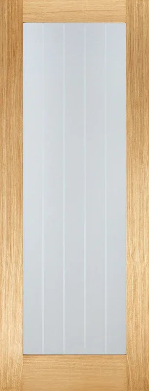 Oak Mexicano glazed pre-finished door with vertical frosted glass panel and wood grain border