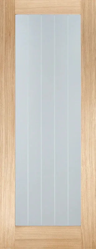 Oak Mexicano glazed internal door with vertical frosted glass panel and wood grain frame