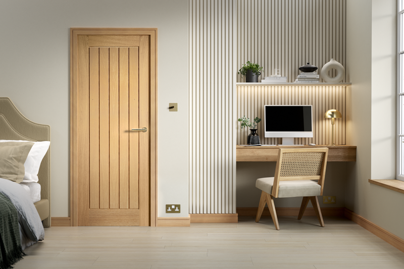 Oak Mexicano pre-finished door in modern room with home office, light wood and panel details