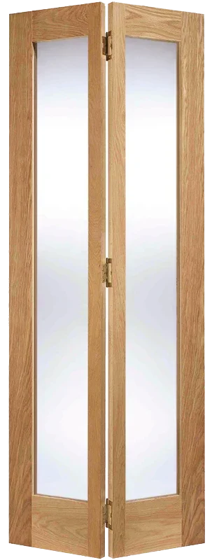 Oak pattern glazed 2L bi-fold door with large glass panels and brass hinges