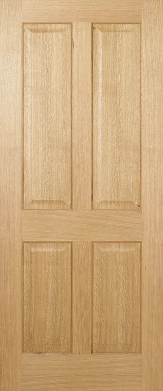 Oak Regency 4 panel pre-finished interior door with wood grain and raised moulding