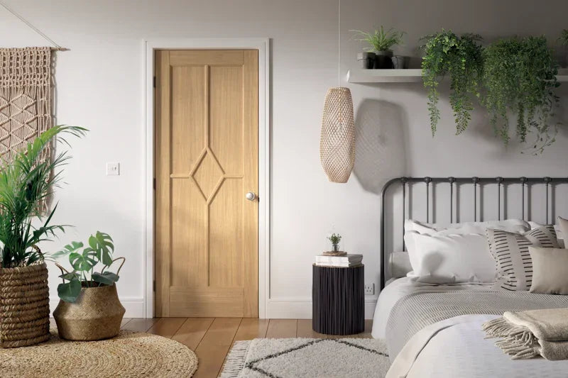 Oak Reims 5 panel pre-finished bedroom door with diamond detail in modern decor