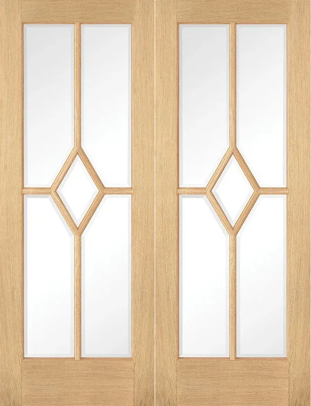 Oak Reims glazed door pair with diamond and vertical clear glass panels