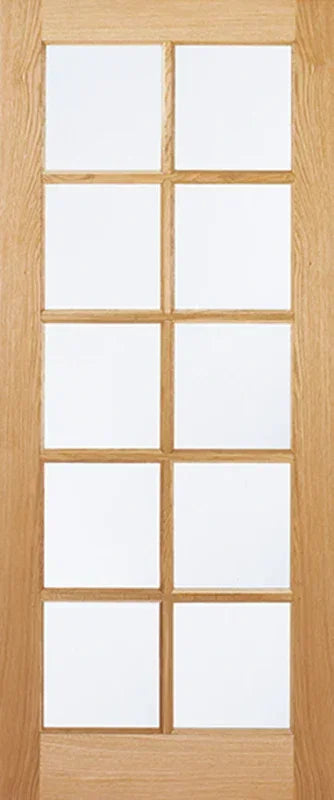 Oak glazed internal door with ten clear glass panels, natural wood frame, front view