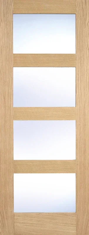 Oak shaker glazed door with four clear glass panels, straight-on view