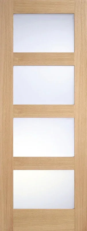 Oak shaker glazed internal door with four frosted glass panels, full front view