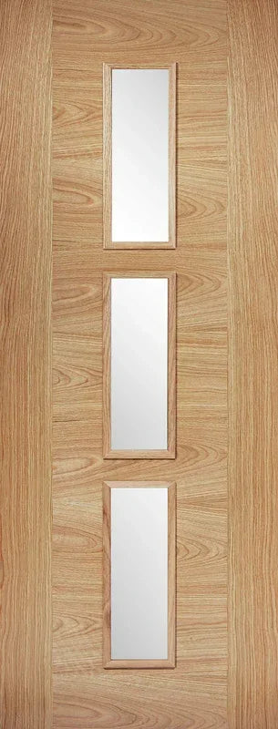 Oak glazed interior door with three vertical glass panels, natural wood grain finish