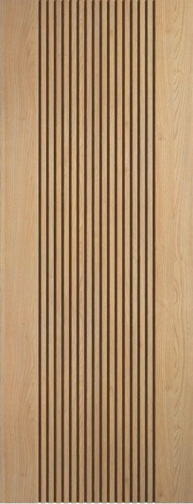 Vertical oak door with pre-finished slatted wood panel design, natural color