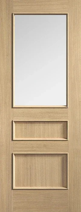 Oak glazed interior door with three panels and large clear glass section
