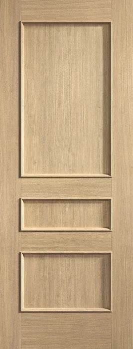 Oak internal door with three rectangular recessed panels and natural wood grain finish