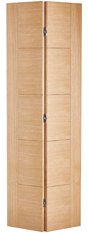 Oak bi-fold door with vertical panels and metal hinges, shown folded and upright