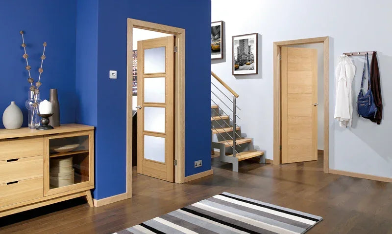 Oak Vancouver Glazed 4L door with frosted glass panels in modern hallway interior