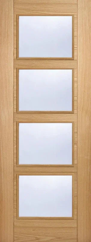 Oak interior glazed door with four frosted glass panels in vertical layout