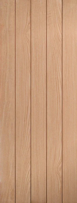 Oak interior door with vertical wood grain panels and natural light finish