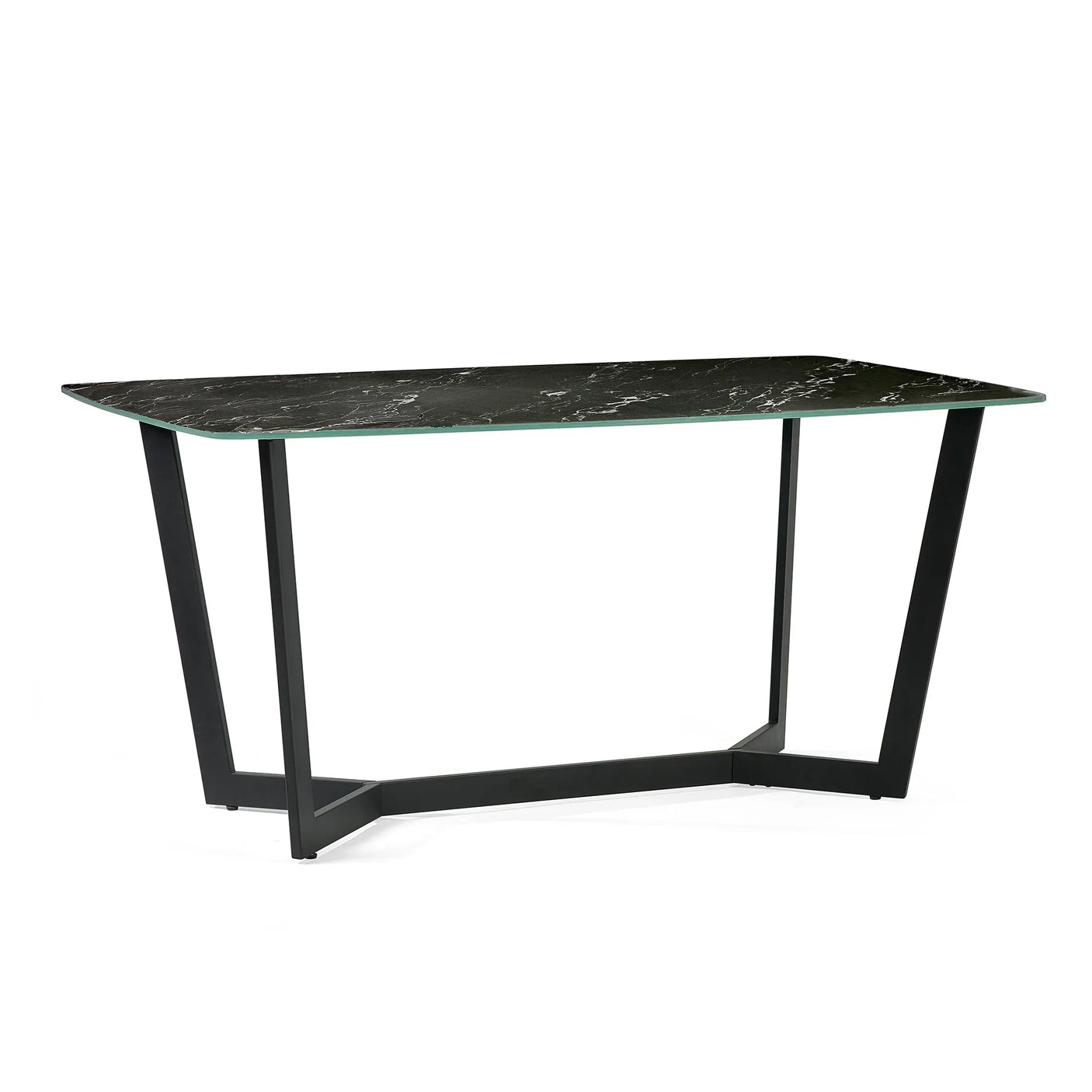 Rectangular black marble dining table with angled metal legs on white background
