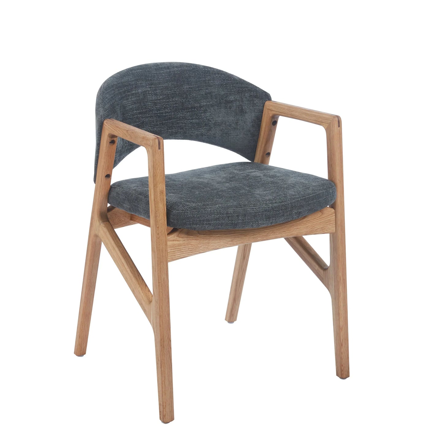 Onyx chair with grey fabric seat and curved backrest, natural wood frame, angled view
