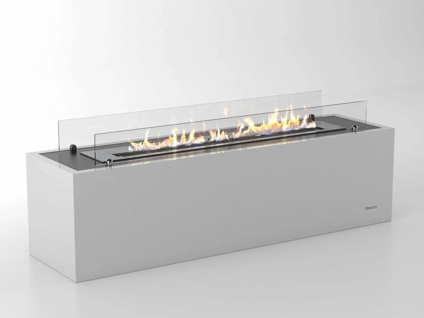Modern white electric fireplace with glass safety screen and visible flame effect
