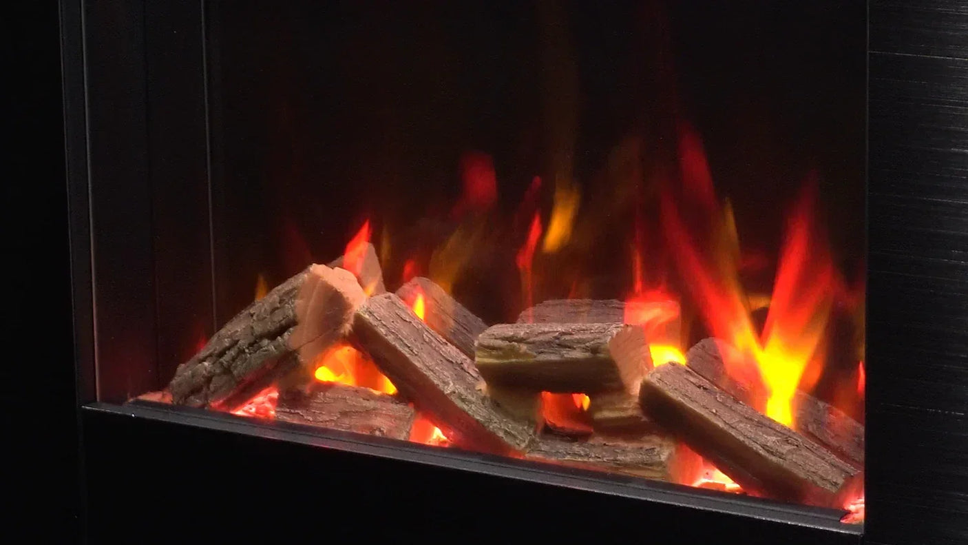 Electric fireplace heater with glowing ember effect and realistic log display
