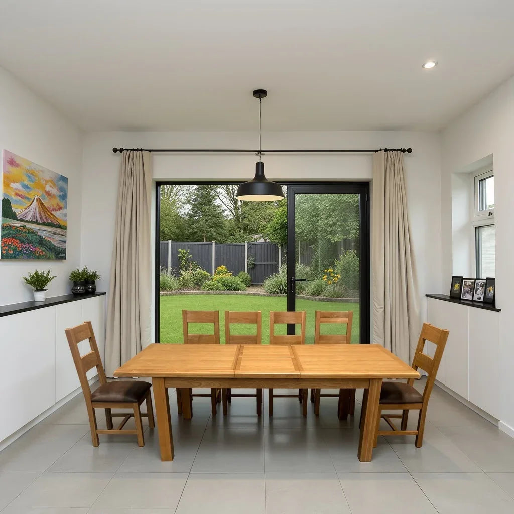 Oak extension dining table with six PU leather chairs in modern dining room