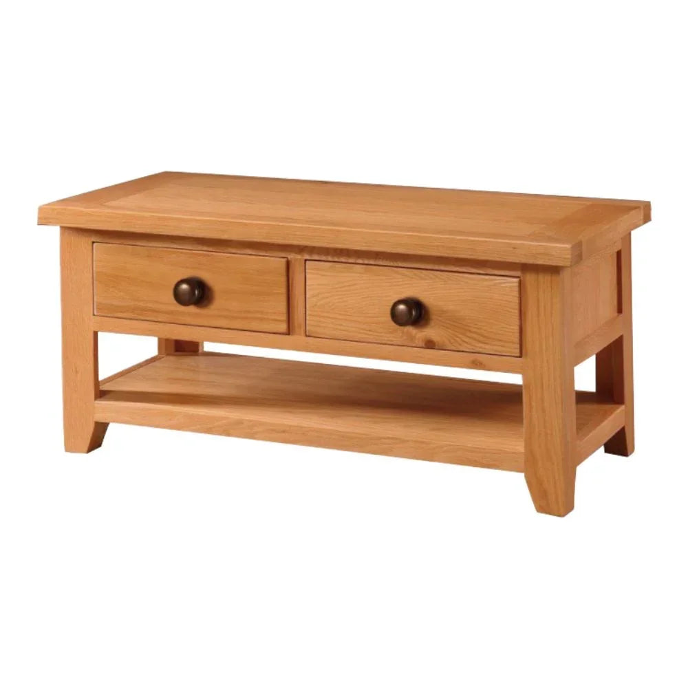 Oak coffee table with two drawers and lower shelf, front angle view