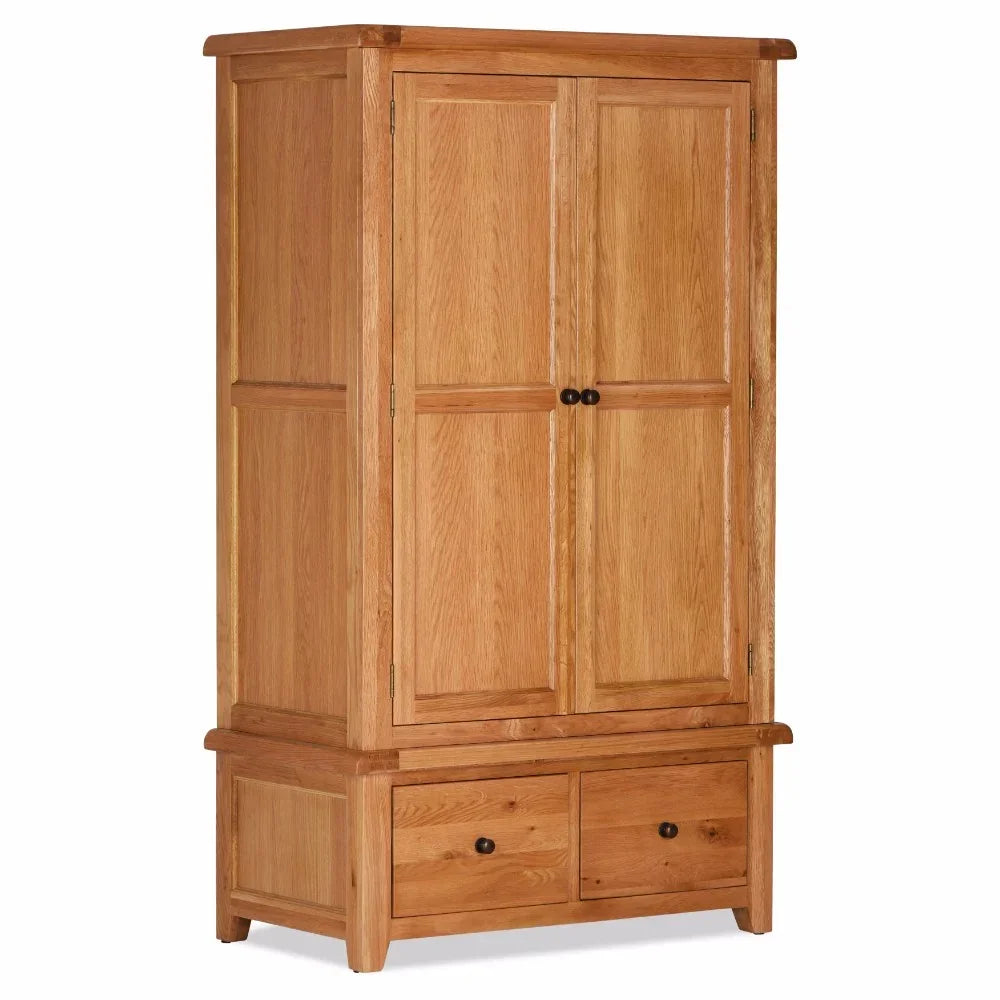 Oak double wardrobe with two doors and two lower drawers